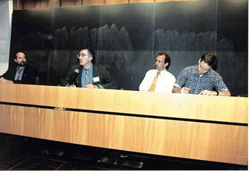 Part of the closing panel, from left to right: Dr. Joseph Hardin, NCSA; Robert Cailliau, CERN; Tim Berners-Lee, CERN; Dan Connolly, HaL Software.
CERN Photo, copyright CERN