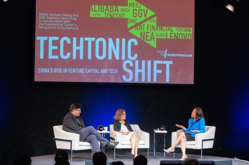 Venture capitalists Hans Tung of GGV Capital and Carmen Chang of New Enterprise Associates in conversation with CHM Exponential Center Executive Director Marguerite Gong Hancock at the Museum on June 20, 2018. 